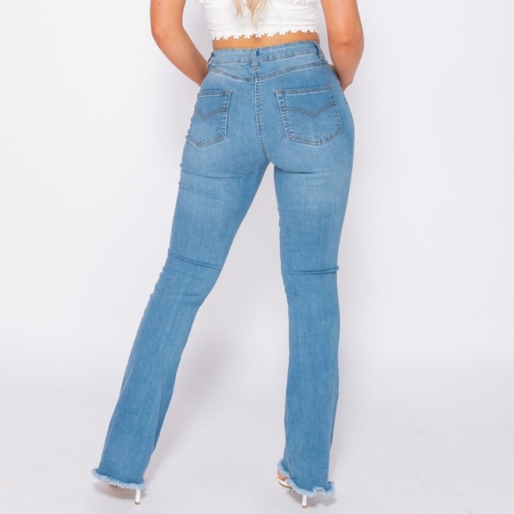 High Waist Frayed Hem Skinny Flare Denim Jeans - Picture 7 of 8